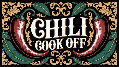 Ornate chili cook-off banner with burgundy and emerald peppers in filigree