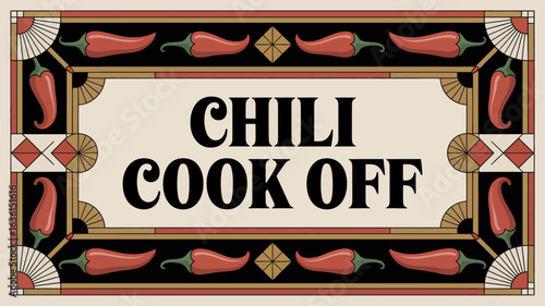 Art Deco chili cook-off banner with geometric peppers and gold accents