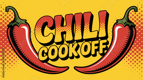 Pop art chili cook-off banner with halftone dots and comic book style