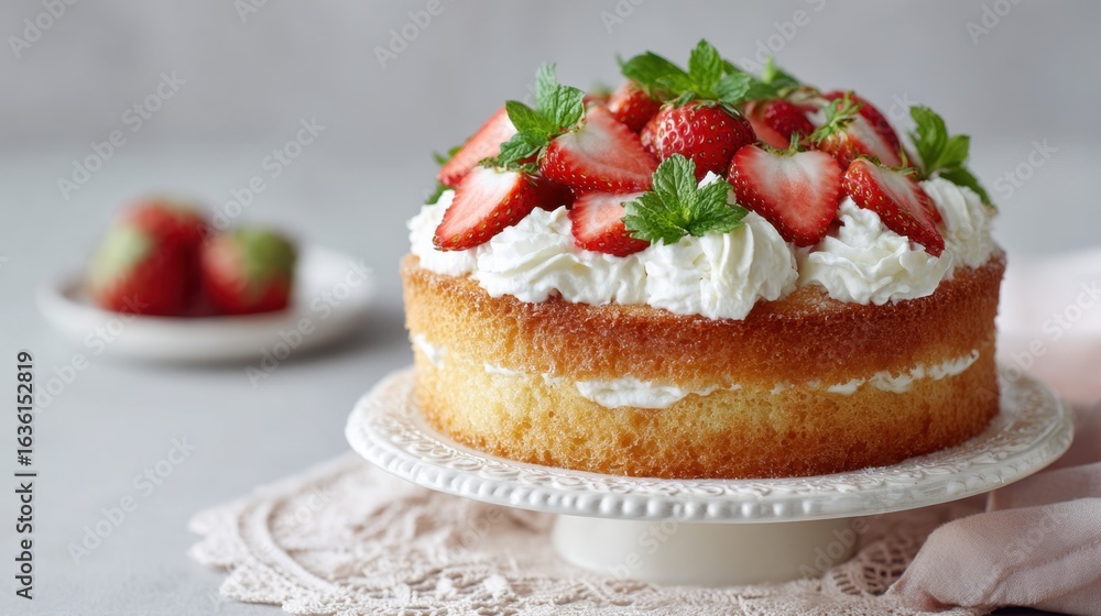 custom made wallpaper toronto digitalDelicious strawberry cake topped with whipped cream and fresh mint on a cake stand with strawberries in the background