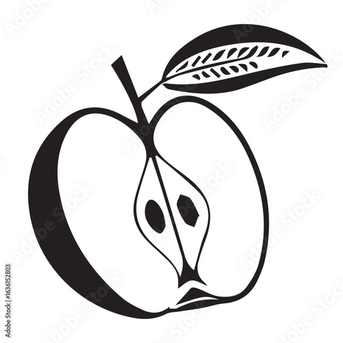 Simple black and white illustration of a halved apple with stem and leaf