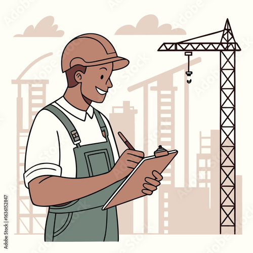 Illustrated Construction Foreman Taking Notes Near a Crane and Building Sketch