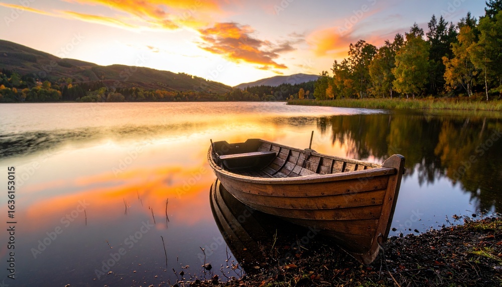 Obraz premium Lake view with wooden boats on the shore.