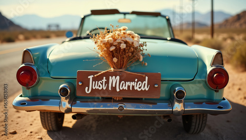 Vintage car with 'Just Married' sign and flower decoration on road  