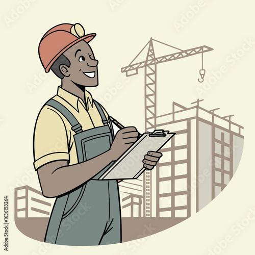 Illustrated Construction Foreman Taking Notes Near a Crane and Building Sketch