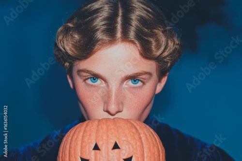 Young person with striking blue eyes holds a pumpkin in a dark, misty setting during a creative photo shoot