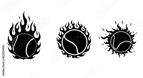 Dynamic black silhouette tennis balls engulfed in stylized flames and energetic splashes, presented as clean vector graphics on a white background.