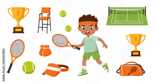A vibrant collection of cartoon tennis equipment and a young boy playing on the court, perfect for sports-themed designs and children's activities.