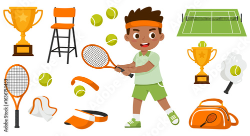 A vibrant vector illustration showcases a young tennis player in action alongside equipment, trophies, and a court, perfect for sports-themed designs and promotional materials.
