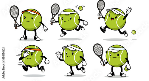 A cheerful cartoon tennis ball character in various poses, holding a racket and playing tennis, perfect for sports-related designs and projects, available as a vector png.