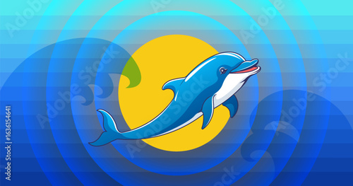 Vector cute cartoon smiling beautiful dolphin. Bright sun, transparent stylistic sea waves. Marine toon friendly animal. Oceanic cheerful smart mammal. Dolphinarium. Underwater beautiful fauna
