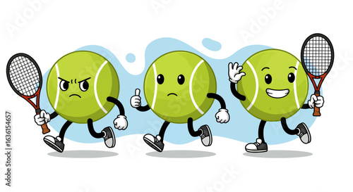 Three cartoon tennis balls with faces and rackets express different emotions while running in a playful, stylized sports illustration.