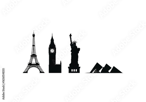 Paris landmarks and monuments with Eiffel Tower silhouette in vector illustration of famous European architecture