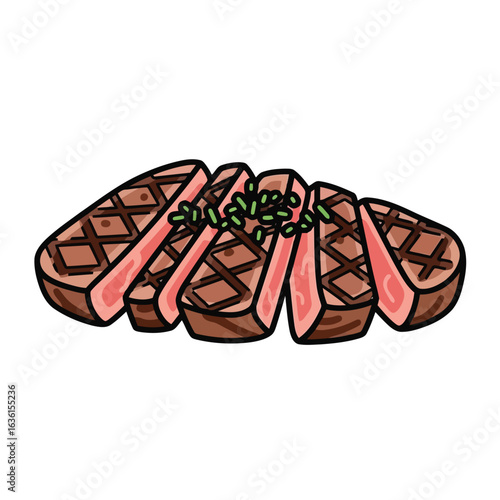 Sliced grilled steak with green garnish meat food