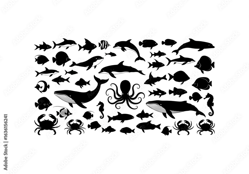 Fototapeta premium set of 50 sea animal silhouettes png 