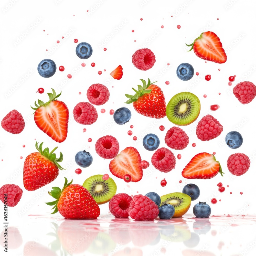 Red And Pink Berries Falling On White Background Red And Pink Berries Falling On White Background