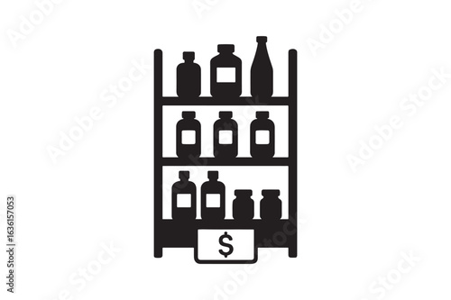 Retail shelf with products silhouette vector art illustration on white background