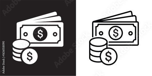 Money solid and thin line web icon set. Vector illustration
