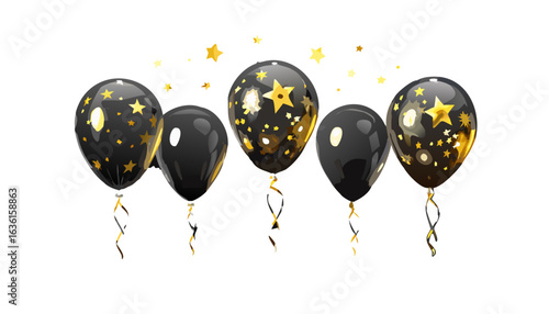 Shiny black, gold, and transparent balloons with confetti and star shapes, glossy graphic style, dark glowing background, celebration concept. Vector illustration