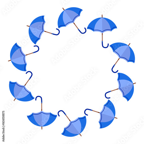 Autumn round frame with blue rain umbrellas, perfect for seasonal designs.