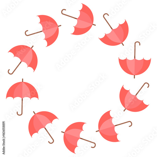 Autumn round frame with red rain umbrellas, perfect for seasonal designs.