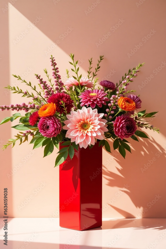 Fototapeta premium Elegant Red Vase with Colorful Flowers on Soft Pink Surface 