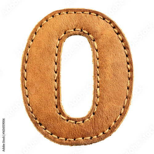 Isolated letter o on black background with detailed leather texture and stitching