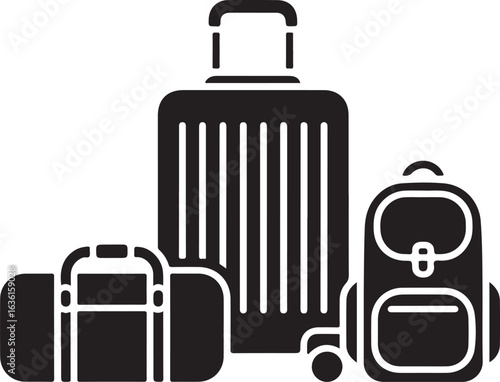 Black and White Luggage Illustration with Suitcase Duffel and Backpack