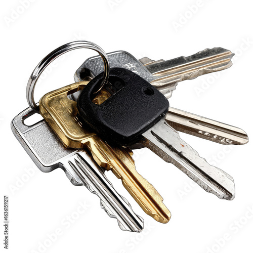Close-up of several keys on a ring.  Metal keys of varying colors, including silver, gold, and black, are clustered together.  A metal key ring is visible