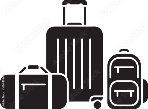 Black and White Luggage Illustration with Suitcase Duffel and Backpack