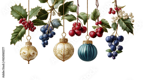Elegant Christmas ornaments hanging with berries and holly