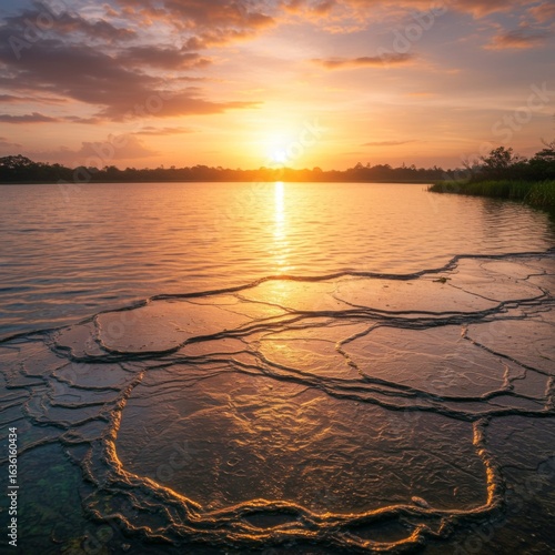 Sunset Over Calm Lake With Orange And Pink Hues