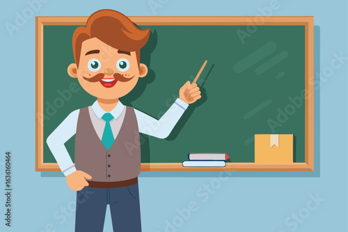 Enthusiastic Teacher Presenting a Lesson with Chalkboard and Book An Engaging Cartoon Illustration for Educational Material