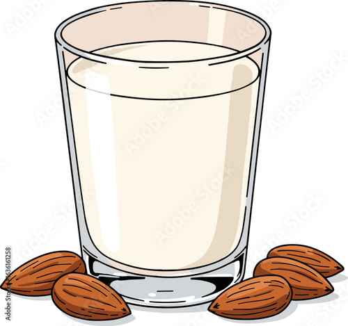 Glass of almond milk with almonds on a white background  
