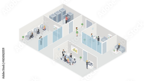Isometric flat 3d abstract office floor interior departments concept vector. conference hall, offices, workplaces, director of the office interior