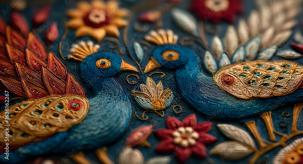 Obraz premium Traditional Indian Kalamkari folk art pattern with peacocks and floral motifs.