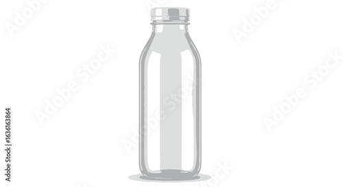 Clear glass bottle with a gray cap shadowed against a white background