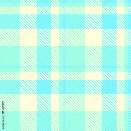 Hippy fabric check texture, buffalo plaid seamless background. Platform textile vector tartan pattern in light yellow and teal colors.