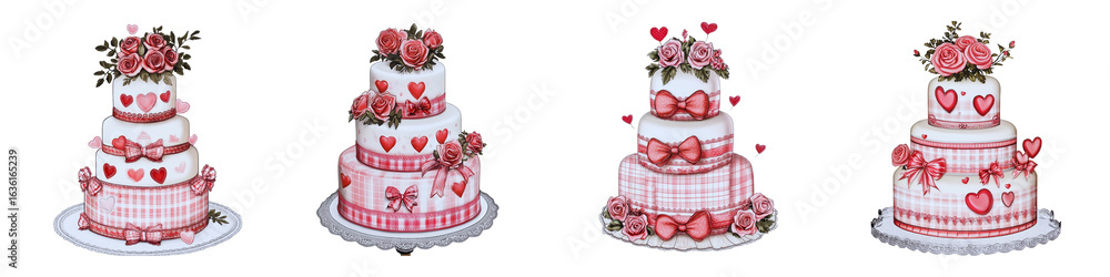 Assortment of four distinct multi tiered cakes each adorned with red roses heart shapes plaid patterns and ribbons Assortment of four distinct multi tiered cakes each adorned with red roses heart shapes plaid patterns and ribbons