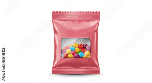 A pink foilwrapped package filled with colorful candies viewed through a clear window