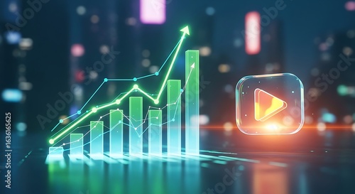 Illustration of a futuristic bar chart shows upward growth alongside a glowing video play icon