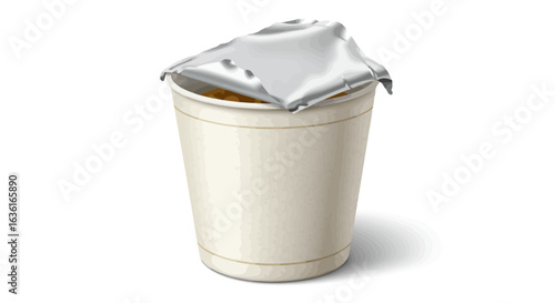 Container with a foil lid likely food product sits against a white backdrop casting a subtle shadow