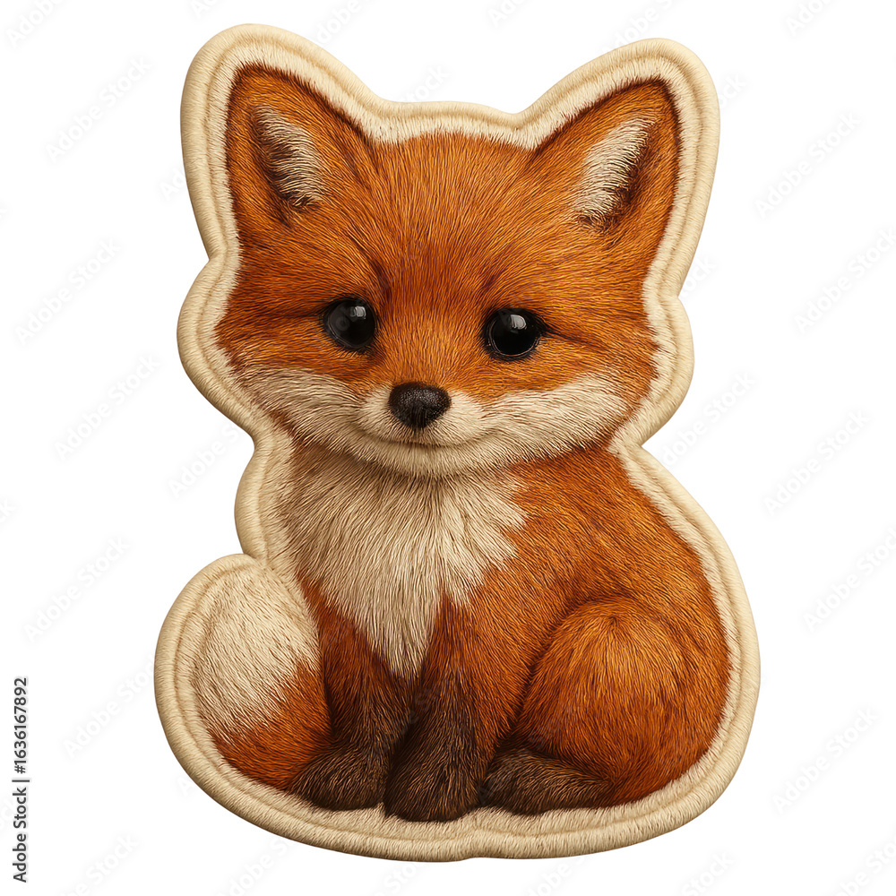 Fototapeta premium A Fluffy Round Faced Fox Depicted As A Cute Embroidered Patch Set Embroidery Sticker isolated on transparent background. PNG die-cut for advertising