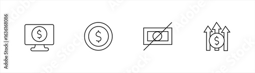 Money icons set with monitor, coin, no cash symbol, and growth arrows in minimal line style for finance, digital payment, and investment concepts.
