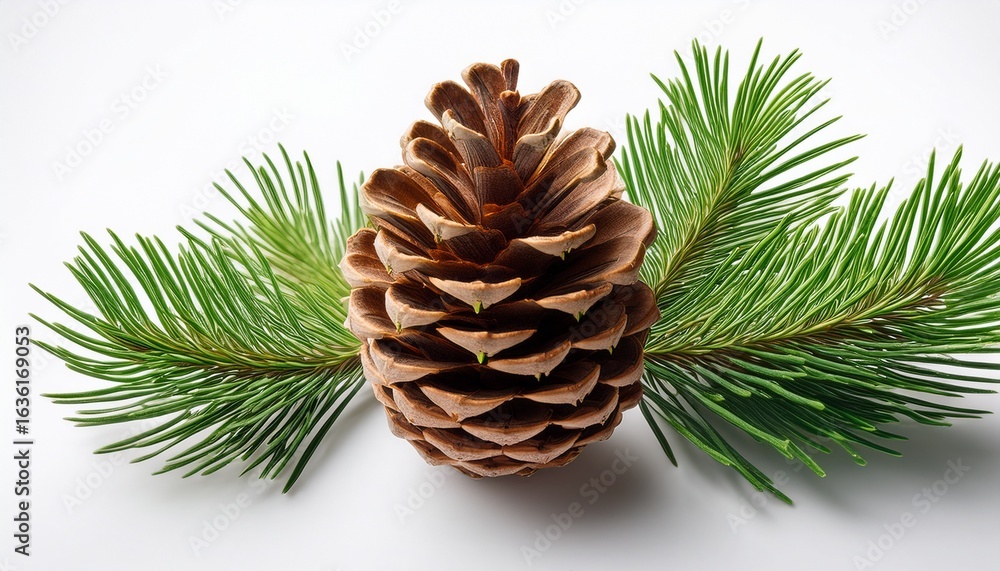 Fototapeta premium pinecone with green pine needles on white background