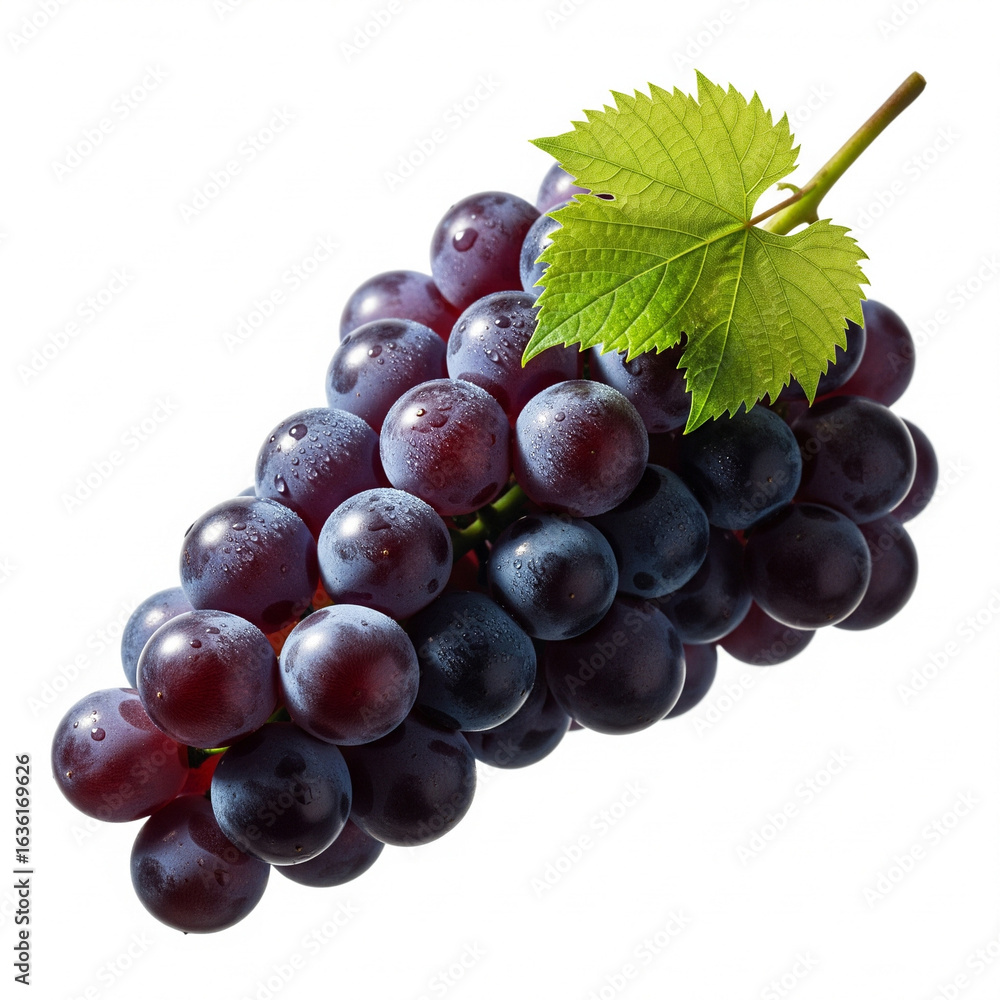 Fototapeta premium Fresh Purple Grapes Bunch with Green Leaf: Organic, Vitamin-Rich Summer Fruit for Healthy Snack and Cooking Ingredient in Food Photography Market Produce