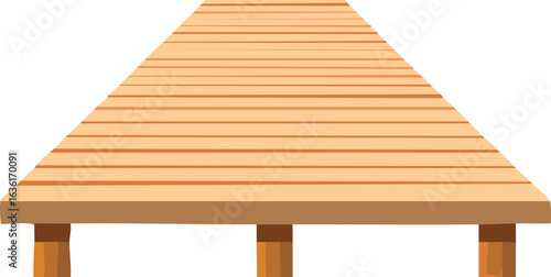 A light beige wooden triangular gazebo roof, supported by wooden posts.