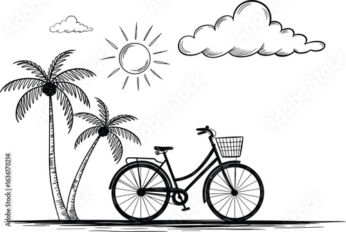 Palm trees sun clouds and bicycle basket outdoor icon illustration, transparent background.