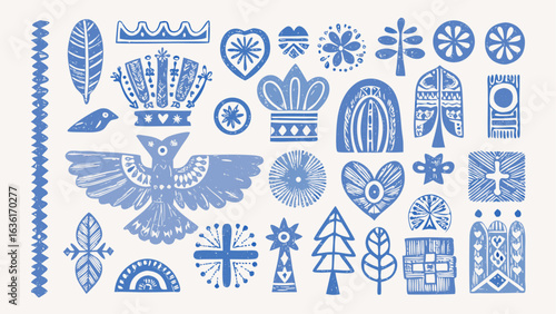 Collection of folk art inspired blue decorative elements including bird heart and tree shapes artfully arranged