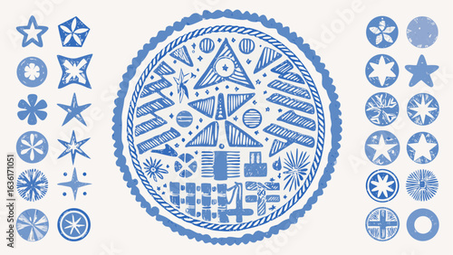 Blue patterned circle filled with geometric shapes and stars surrounded by star and circle icons on white
